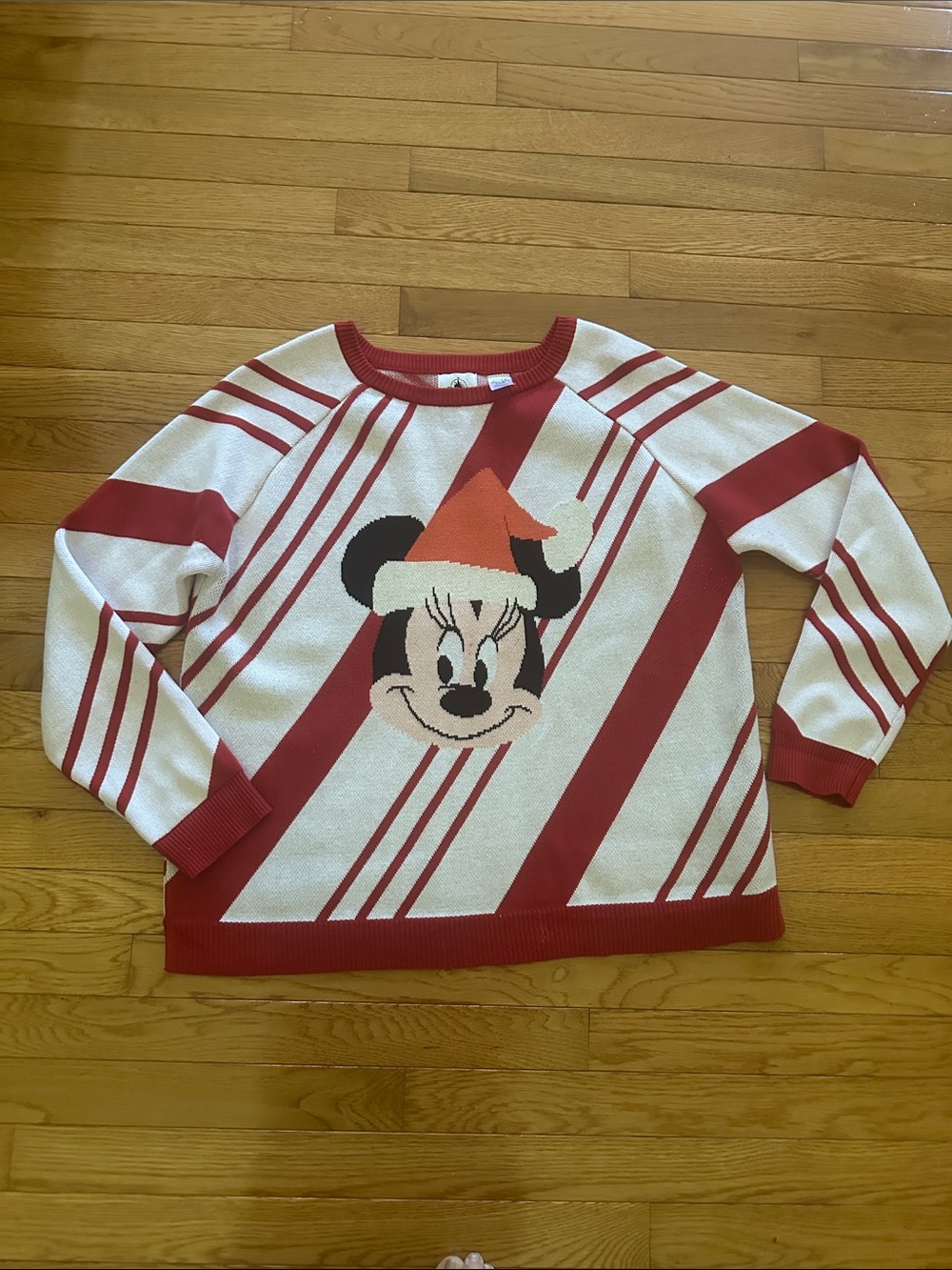 Disneyland Minnie Mouse candy cane striped oversized holiday sweater, vintage